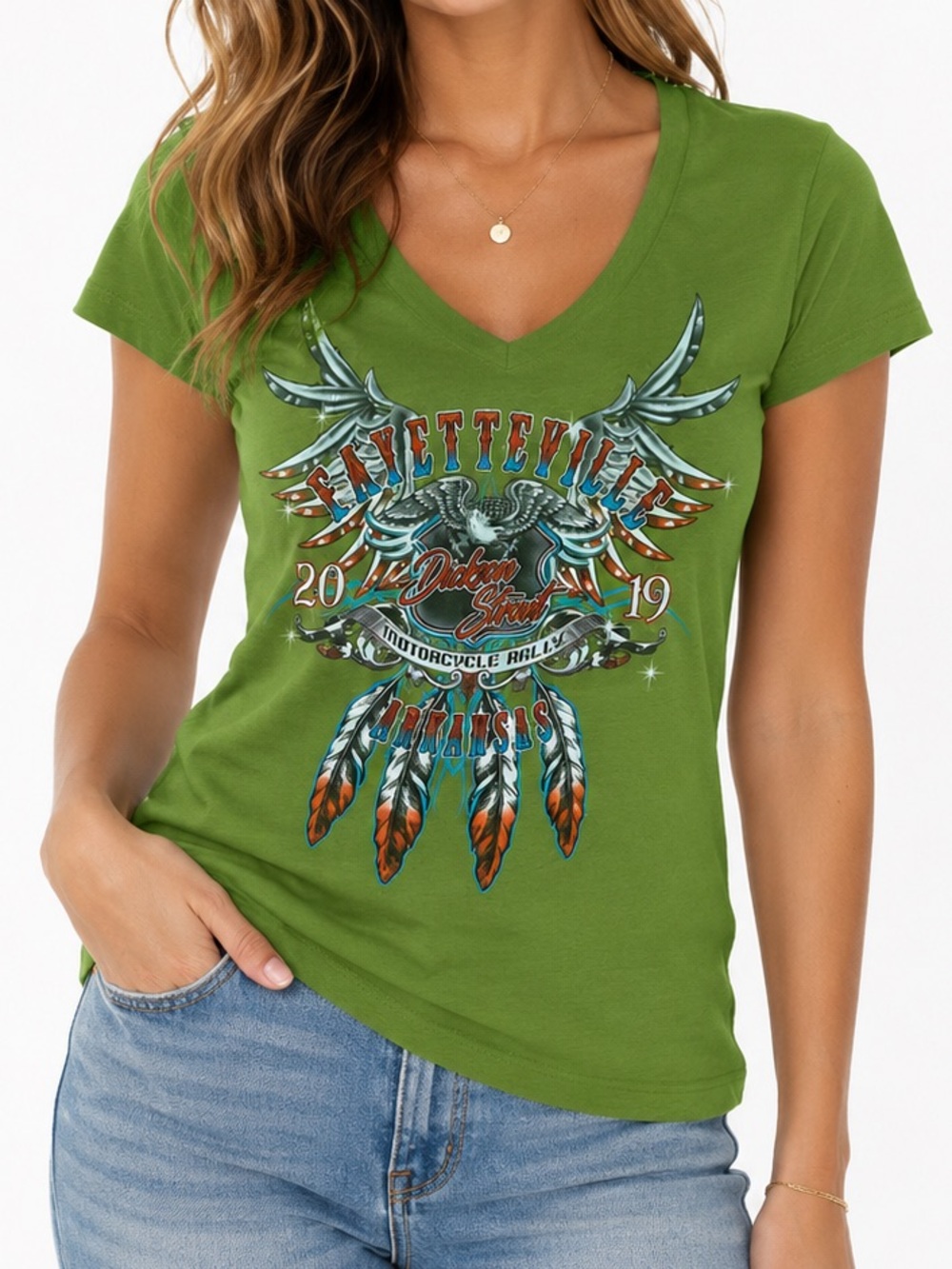 Women's XL Green Fayetteville Arkansas Bike Motorcycle Rally V-neck T-shirt Top